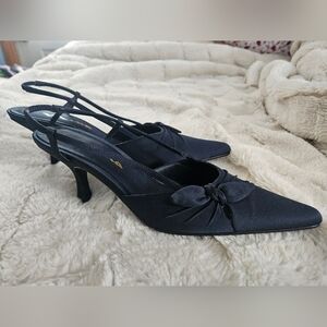 Nina Black Satin Pointed Slingback Heels with Knot Accent